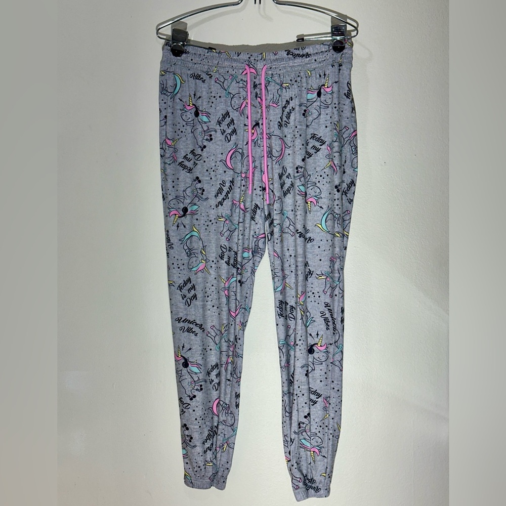 Briefly Stated Girls Unicorn Pajama Lounge Pants Grey with Pink L 12/14